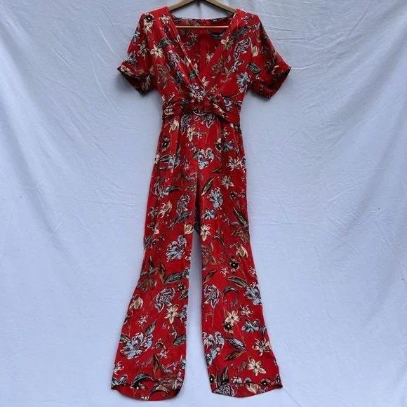 Zara Floral Jumpsuit Wide Leg V‎ Neck Red XS Extra Small - Picture 1 of 12